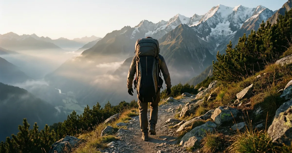 Пилот hike and fly поднимается по горной тропе с компактным парапланерным рюкзаком на рассвете